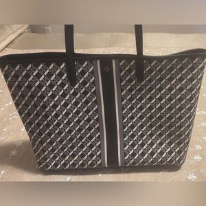 Tory Burch Black and White Signature Stripe Tote